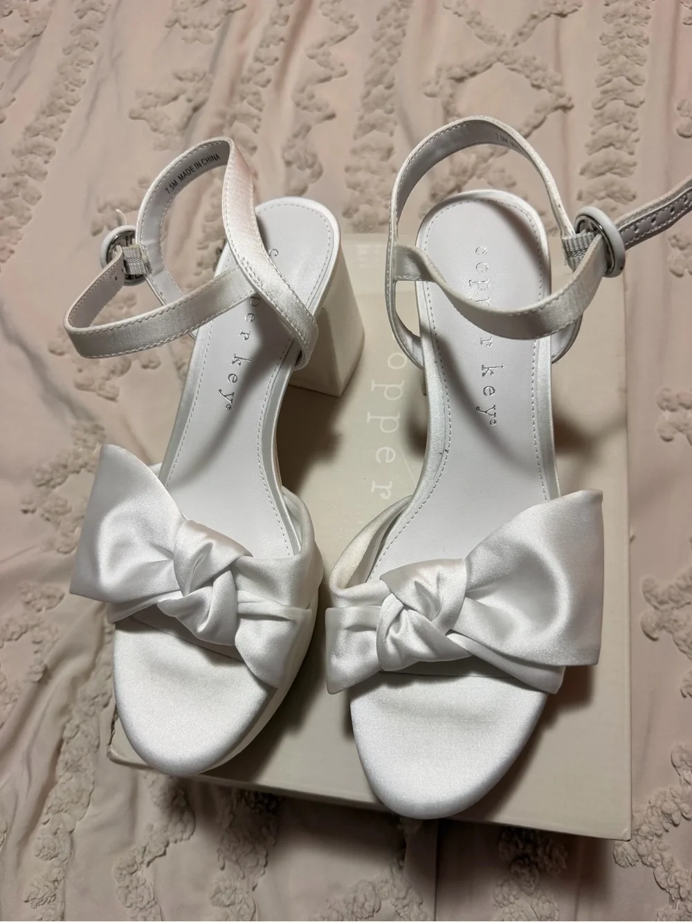Copper Key White Knotted Platform Block Heel Sandals with Ankle Strap